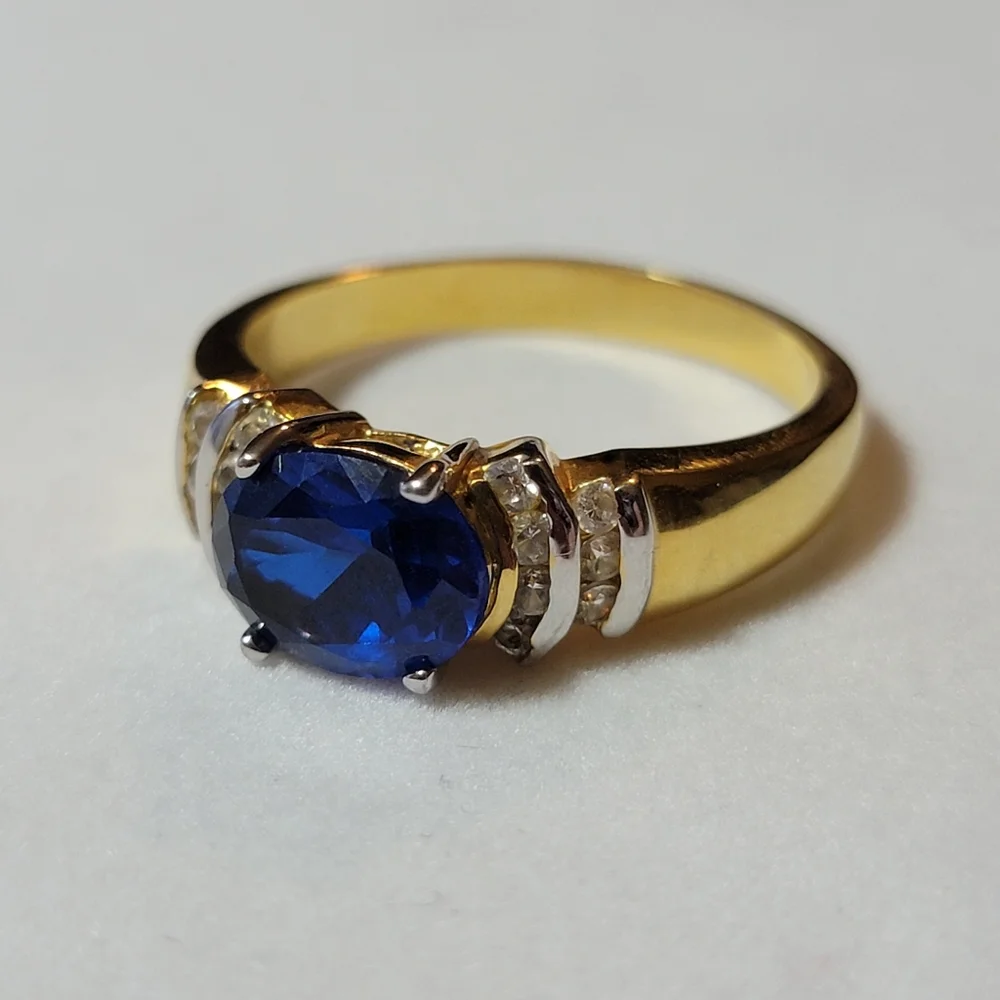 Oval Cut Blue Sapphire and Diamond Simulated Stone Ring Size 12.5 Gold Tone